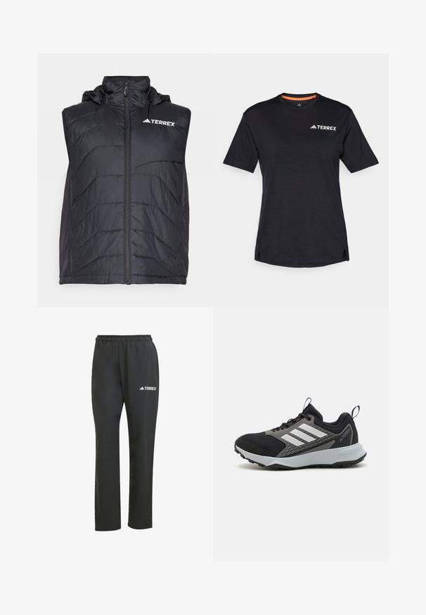 Schwarze isolierte Weste mit Kapuze, ausgestattet mit einem Frontreißverschluss und vertikalem Nähmuster. Das Logo "TERREX" ist auf der oberen linken Seite angebracht.; Schwarzes Kurzarm-T-Shirt mit Rundhalsausschnitt, das eine dezente melierte Textur aufweist und ein weißes "TERREX"-Logo auf der oberen linken Seite hat.; Schwarze, leichte Hose mit einem elastischen Bund. Besitzt ein dezentes, weißes "TERREX"-Logo. Hergestellt aus glattem Material mit geradem Bein.; Schwarzer Sportschuh mit grauen Akzenten, ausgestattet mit einem strukturierten Mesh-Obermaterial, drei weißen Streifen und einer Gummisohle für besseren Halt.