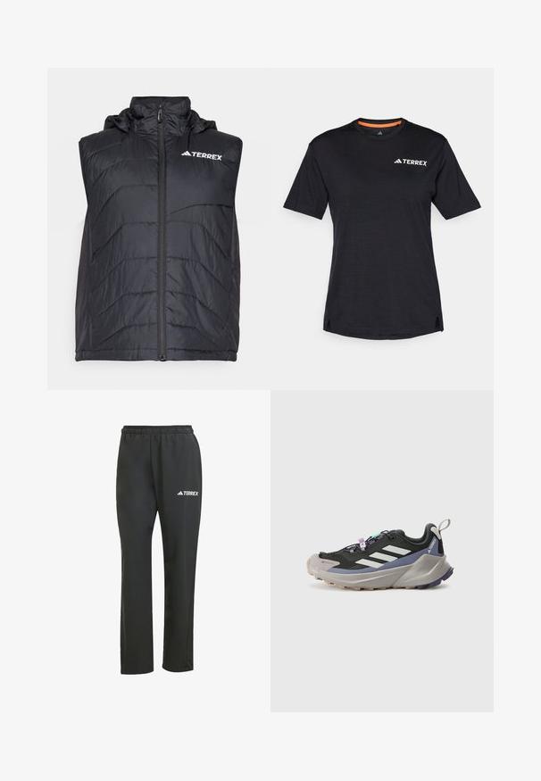 Schwarze isolierte Weste mit Kapuze, ausgestattet mit einem Frontreißverschluss und vertikalem Nähmuster. Das Logo "TERREX" ist auf der oberen linken Seite angebracht.; Schwarzes Kurzarm-T-Shirt mit Rundhalsausschnitt, das eine dezente melierte Textur aufweist und ein weißes "TERREX"-Logo auf der oberen linken Seite hat.; Schwarze, leichte Hose mit einem elastischen Bund. Besitzt ein dezentes, weißes "TERREX"-Logo. Hergestellt aus glattem Material mit geradem Bein.; Schwarzer Sportschuh mit Gore-Tex-Obermaterial, weißen Streifen, lila Akzenten, dicker grauer Zwischensohle und strukturiertem grauen Außensohle für besseren Halt.