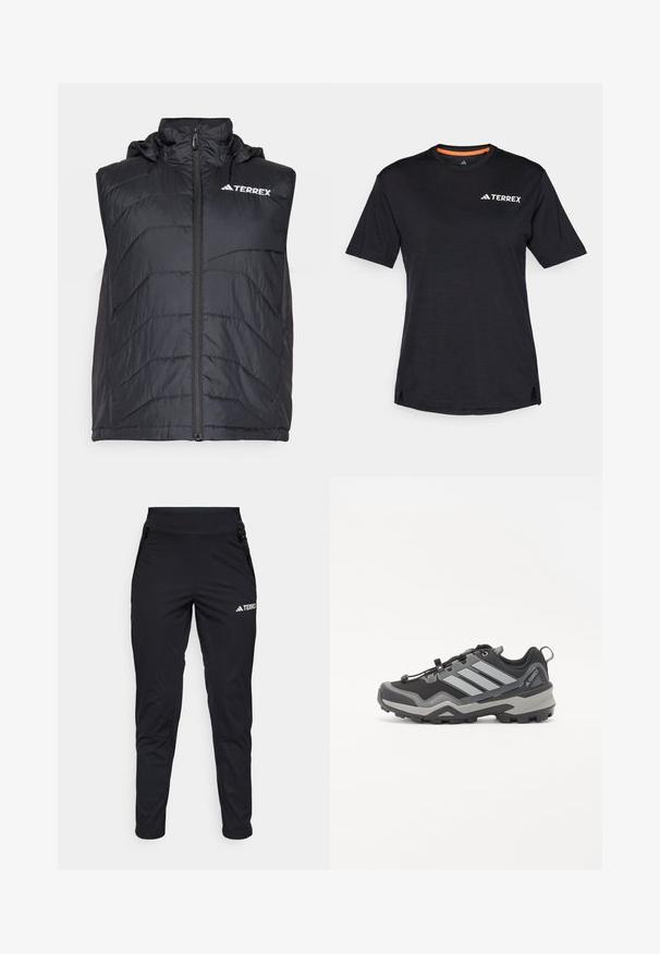 Schwarze isolierte Weste mit Kapuze, ausgestattet mit einem Frontreißverschluss und vertikalem Nähmuster. Das Logo "TERREX" ist auf der oberen linken Seite angebracht.; Schwarzes Kurzarm-T-Shirt mit Rundhalsausschnitt, das eine dezente melierte Textur aufweist und ein weißes "TERREX"-Logo auf der oberen linken Seite hat.; Schwarze Sporthosen aus glattem Stoff mit figurbetontem Design, Reißverschlusstaschen und strukturiertem unteren Bein. Logo auf der Vorderseite aufgedruckt.; Schwarzer und grauer Wanderschuh mit strukturiertem Obermaterial, Gummisohle und drei auffälligen grauen Streifen an der Seite; verfügt über ein schnelles Schnürsystem.
