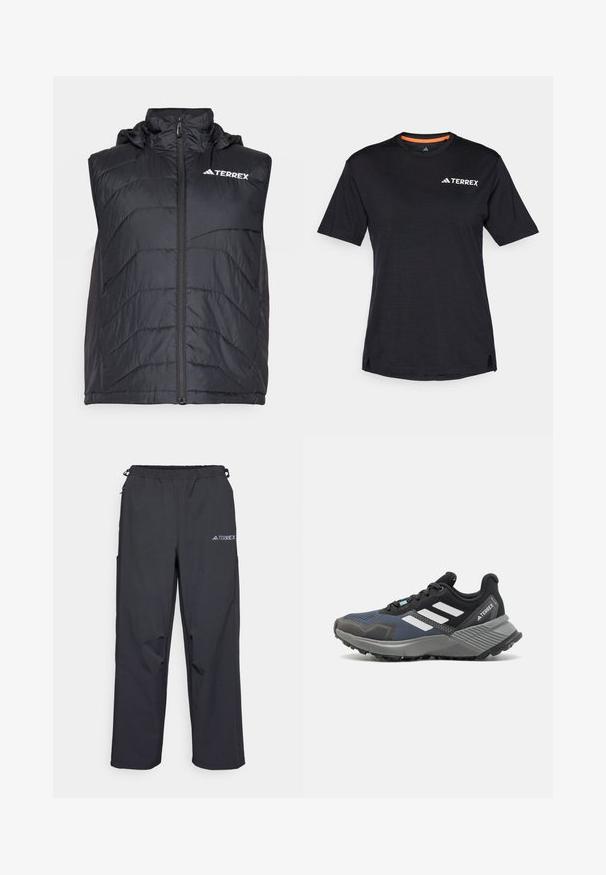 Crni izolirani prsluk s kapuljačom, s prednjim patentnim zatvaračem i vertikalnim uzorkom šivanja. Logo "TERREX" prikazan na gornjoj lijevoj strani.; Crna majica kratkih rukava s okruglim izrezom, koja ima suptilnu melirani teksturu i bijeli logo "TERREX" na gornjoj lijevoj strani.; Crne, lagane hlače za aktivnosti na otvorenom s elastičnom pasicom, bočnim džepovima i logotipom na gornjoj desnoj nozi. Glatka, vodootporna tkanina.; Sportska cipela s mrežastim gornjištem u nijansama crne i plave. Sadrži bijele trakice, sivi gumeni potplat i teksturirani međupotplat za prianjanje.