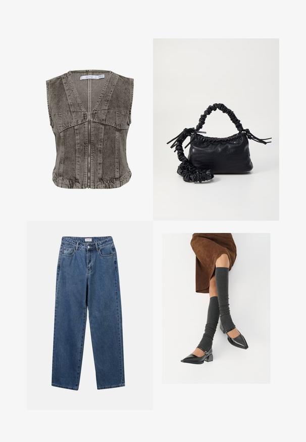 Szary dżinsowy kamizelka z głębokim dekoltem w kształcie litery V i zapięciem na zamek. Ma design bez rękawów oraz strukturalne szwy, co zapewnia dopasowany krój.; Biała koszula zapinana na guziki, wykonana z gładkiej bawełny, z klasycznym kołnierzykiem, długimi rękawami i zaokrąglonym dołem. Guziki są małe i białe.; Klasyczne niebieskie dżinsy o prostym kroju, pięć kieszeni i zapięcie na guzik. Charakteryzują się średnim odcieniem i solidną teksturą.; Czarne lakierowane buty na szpilce z prostokątnym obcasem i paskiem na kostce, zestawione z szarymi prążkowanymi ocieplaczami na nogi oraz brązową zamszową spódnicą.; Czarna torebka z syntetycznej skóry o teksturze krokodyla, z zaciąganym górnym zamknięciem i marszczonym paskiem. Wygląda na miękką i zwartą w designie.