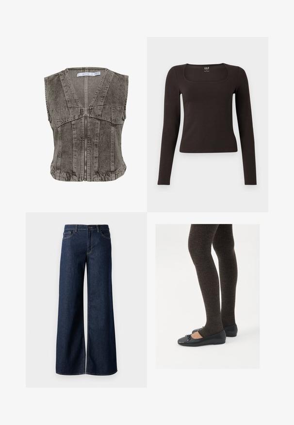 Pilkas džinsinis liemenė su giliais V formos iškirpimu ir užtrauktuku. Turi be rankovių dizainą ir struktūruotas siūles, užtikrinančias pritaikytą fit.; Juoda ilgomis rankovėmis, prigludusi bluzonėlė su kvadratine iškirpte, žymėta GAP, rodoma baltame fone.; Plati kojinės džinsai tamsiai mėlynos džinsinės medžiagos. Yra kontrastingas siuvimo ornamentas, penkios kišenės ir užsegimas mygtuku juosmenyje. Lygus paviršius.; Juodos plokščios bateliai su maža kaspinėlio detale prie pirštų, derinami su tamsiai rudos spalvos raukšlėtomis pėdkelnėmis. Bateliai turi lygų paviršių ir žemą profilį.