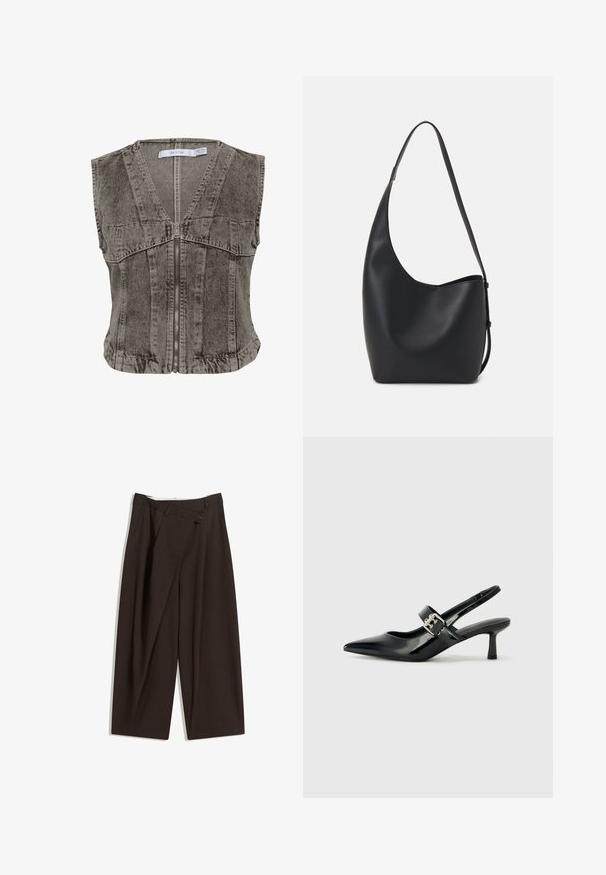 Grå denimväst med djup V-ringning och dragkedjestängning. Har ärmlös design och strukturerade sömmar för en skräddarsydd passform.; Svart bomullströja med korta ärmar, med en liten rosa fjärilsgrafik på vänster bröst. Rundad halsdesign med en avslappnad passform.; Mörkbruna vida byxor med hög midja, med en enkel knappstängning och plisserad front. Tillverkade av lätt tyg.; Svarta patentläder slingback-klackar med spetsig tå och en liten blockklack, med en silvrig spänneaccent på remmen.; Svart läder hobo-väska med en slät textur, kurvig form och en justerbar axelrem; har en bred öppning upptill.