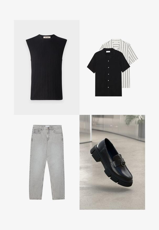 Haut sans manches en tricot côtelé noir avec un col rond et des coutures d'épaule droites. Présente un motif de rayures texturé sur l'ensemble.; Deux chemises à manches courtes : l'une noire unie, l'autre blanche avec des rayures verticales noires. Les deux ont des boutons et un col classique.; Pantalon en denim gris clair avec une coupe droite, cinq poches et une fermeture à bouton. Coutures visibles le long des coutures.; Mocassins en cuir noir avec une semelle en caoutchouc épaisse et un crampon prononcé. Présente une sangle à l'avant avec un accent métallique circulaire.