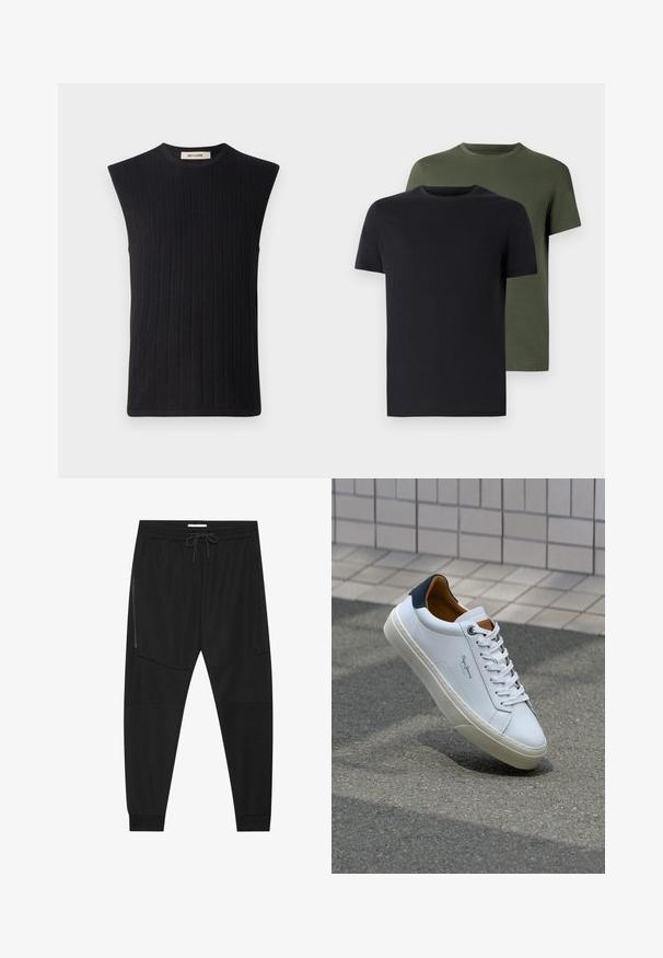 Fekete ujjatlan, bordás kötésű felső, kerek nyakkivágással és egyenes vállvarrással. Az egész felületét texturált csíkminta díszíti.; Két crew neck póló fekete és olíva zöld színben, puha pamut anyagból. A design egyszerű, rövid ujjú és egyenes szabású.; Fekete sportnadrág texturált anyagból, állítható derékkal, cipzáras oldalzsebbel és szűkített szegéllyel.; Fehér bőr sneaker sötétkék sarkúval, kerek orral és kontrasztos barna részletekkel. Lapított fűzőkkel és textúrált gumitalppal rendelkezik.