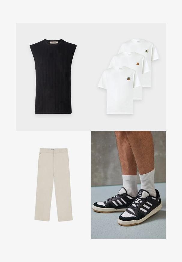 Black sleeveless ribbed knit top with a round neckline and straight-cut shoulder seams. Features a textured stripe pattern throughout.; Three white cotton t-shirts with round necklines. Each features different embroidered designs: a flower, a sunburst, and a bicycle.; Beige wide-leg pants with a smooth texture, featuring belt loops, two front pockets, and a zip fly closure. Minimalist design.; Black and white sneakers with a suede and leather upper, featuring three white stripes, a perforated toe, and a gum rubber sole.