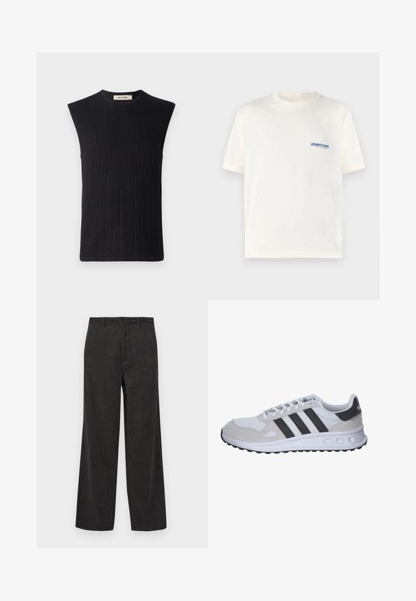 Zwarte mouwloze ribgebreide top met een ronde halslijn en recht afgesneden schoudernaad. Kenmerkt zich door een gestructureerd streepjespatroon overal.; Crème t-shirt met korte mouwen, gemaakt van zachte katoen, met een klein blauw gedrukt logo op de linkerborst. Klassiek ronde hals ontwerp.; Zwarte corduroypantalon met een wijdbenig ontwerp, voorzien van een verticale ribbeltextuur, een ritssluiting met knoopsluiting en voorzakken.; Grijze en witte sportieve schoen met een mesh bovenwerk, suède accenten, drie zwarte strepen en een gestructureerde rubberen zool met ronde uitsparingen.