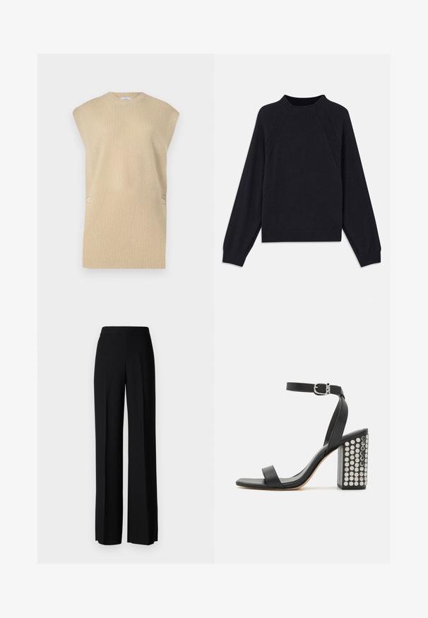 Beige gebreide trui zonder mouwen met een geribde textuur, ronde halslijn en brede schouders. Heeft twee decoratieve knopen aan de zijkant.; Donkerblauwe trui met een ronde halslijn, lange raglanmouwen, geribbelde manchetten en een rechte zoom. Gemaakt van een zachte, gestructureerde breimateriaal.; Zwarte wijde broek met een gladde textuur, voorzien van een hoge tailleband en middelste plooien. Geen zichtbare patronen of hardware-details.; Zwarte leren haksandalen met een enkelbandje. Met een vierkante neus, een gladde textuur en een vierkante blokhak versierd met zilveren studs.