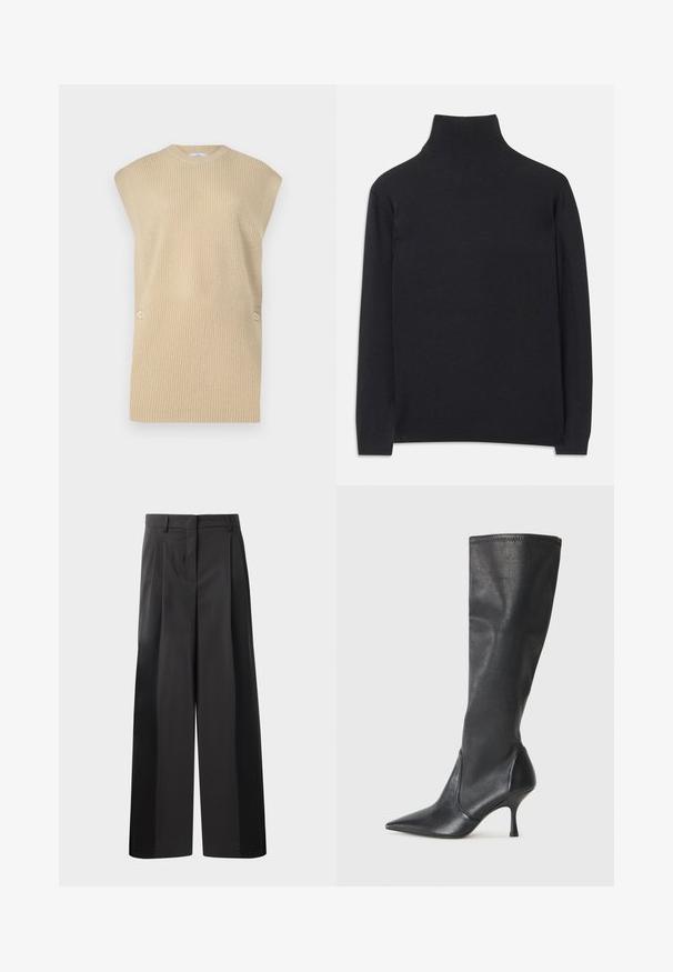 Beež knitted svetsar, millel on soonik tekstuur, ümar kaelus ja laiad õlad. Külgedel on kaks dekoratiivset nööpi.; Must zwart pullovers, mis pehmeast kangast. Omab pikki varrukaid, kõrget kaelanupukest ning soonikute äärte ja alläärtega, et tagada mugav istuvus.; Mustad laiad püksid kõrge vöökohaga, millel on ees voldid, sile tekstuur ja õmmeldud viimistlus. Kujundatud lõdva istuvuse saavutamiseks.; Knee-high mustad nahksaapad terava nina ja kitsaste stiilsete kontsadega. Sile tekstuur sobiva disainiga ja õmblused ülemisel serval.