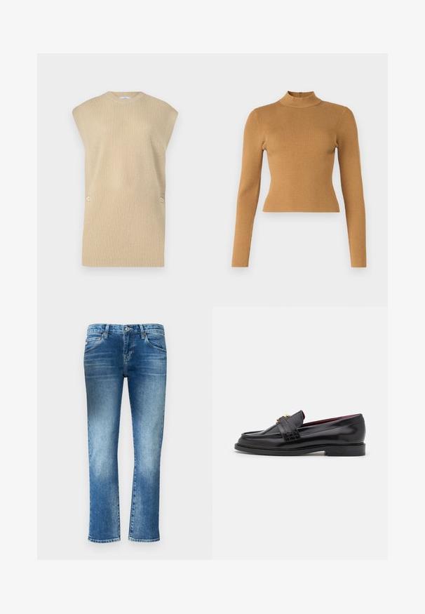Beżowy sweter bez rękawów robiony na drutach o prążkowanej fakturze, okrągłym dekolcie i szerokich ramionach. Posiada dwa ozdobne guziki po boku.; Ribbed golf w kolorze ciepłego brązu. Posiada długie rękawy, dopasowany krój oraz mały zamek z tyłu. Gładka tekstura.; Jasnoniebieskie dżinsy z prostymi nogawkami, delikatnym wyblaknięciem i średnim stanem. Posiadają pięć kieszeni i szlufki na pasek.; Czarne skórzane mokasyny z przeszywanym wzorem, gładką teksturą, złotym zapięciem i zaokrąglonym czubkiem, osadzone na niskiej czarnej podeszwie.