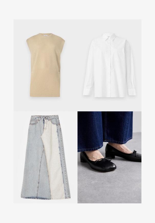Beige strikket sweatervest med ribbet tekstur, rund halsudskæring og brede skuldre. Har to dekorative knapper på siden.; Hvid langærmet skjorte lavet af bomuld, med klassisk krave, knaplukning og en enkelt brystlomme på venstre side.; Denim nederdel med patchwork design bestående af lyse og mellemblå sektioner, frayed kanter og høj talje. Klassisk fem-lomme stil.; Sorte lædersko med firkantet tå og lille hæl, prydet med en dekorativ sløjfe foran. Båret med mørke denimbukser.