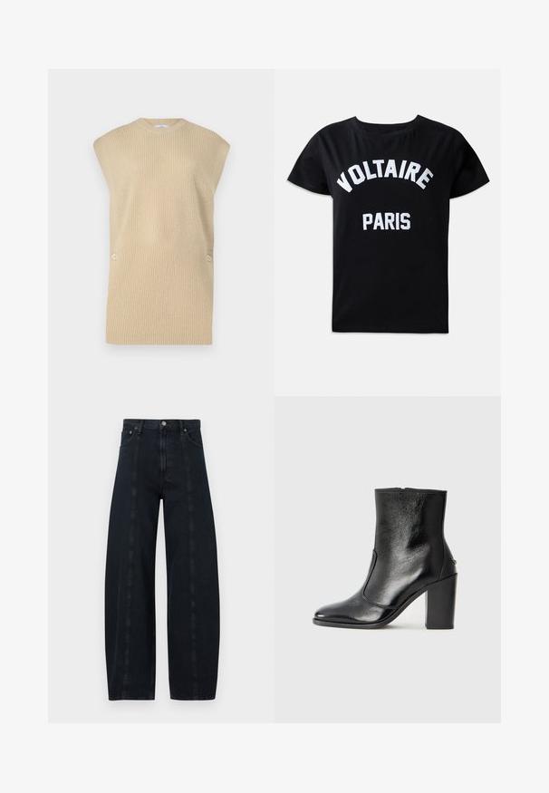 Beige gestrickte Sweaterweste mit Rippenstruktur, rundem Halsausschnitt und breiten Schultern. Verfügt über zwei dekorative Knöpfe an der Seite.; Schwarzes Baumwoll-T-Shirt mit weißem gesticktem Text, der "VOLTAIRE PARIS" in fetter Schriftart zeigt, Rundhalsausschnitt und kurze Ärmel.; Weite, dunkelblaue Jeans mit hoher Taille, ausgestattet mit kontrastierenden Nähten und klassischem Fünf-Taschen-Design. Glatte Textur, keine sichtbaren Muster.; Schwarze Leder-Stiefelette mit glatter Textur, spitzem Fuß und klobigem hohen Absatz. Verfügt über eine seitliche Öffnung und ein minimalistisches Design.