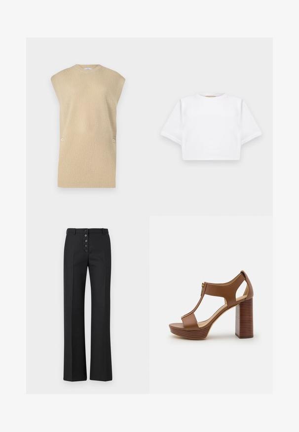 Gilet en maille beige avec une texture côtelée, un col rond et des épaules larges. Il comporte deux boutons décoratifs sur le côté.; T-shirt blanc court en tissu doux, avec des manches courtes, un col rond et des détails en côtes sur l'ourlet. Design simple et sans embellissement.; The Kooples PANTALON - Pantalon classique - black; Sandales à talons en cuir marron avec un design à tige en T, découpes ouvertes, semelle à plateforme et un talon épais en bois rayé.