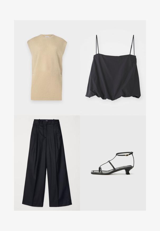 Beigu krāsā adīts krekls bez piedurknēm ar ribotu tekstūru, apaļu kakla izgriezumu un plašām plecu daļām. Sānos ir divi dekoratīvi pogas.; Melnas bez piedurknēm blūze ar plānām siksniņām, brīva piegriezuma un savilkta apakšmala. Izgatavota no viegla auduma ar gludu tekstūru.; Melnas platas kājas bikses no gludas auduma, ar augstu jostasvietu, krokām un pielāgotu dizainu. Vienkārša melna aparatūra jostasvietā.; Melna ādas sandale ar kvadrātveida purngalu, plānām siksnām, regulējamu potītes siksnu un zemu papēdi. Iezīme ir neliela zelta akcenta detaļa uz siksnas.