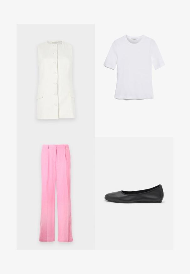 Bela brezrokavna majica z visokim ovratnikom, z zapiranjem na pet gumbov in dvema sprednjima žepoma, izdelana iz lahkega blaga.; Bela kratka majica s kratkimi rokavi iz rebrastega materiala. Okrogla ovratnica, običajen kroj in subtilni šivi. Brez vzorcev ali grafik.; Roza lanena hlače s sproščenim krojem, ki vključujejo sprednje nabore, zapiranje na gumb in stranske žepe. Gladka tekstura in ravne noge.; Črne usnjene balerinke z zaobljenim nosom, gladko teksturo, minimalnimi šivi in fleksibilno zasnovo podplata.