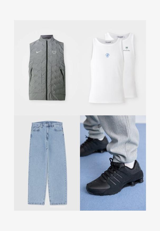 Grijze Nike mouwloze vest met een ritssluiting aan de voorkant, geborduurde textuur, twee zijzakken en een cirkelvormig Parijs-logo op de linkerborst.; Twee witte tanktops met een geribbelde textuur, voorzien van blauwe en groene borduurlogo's. De ene heeft een zonontwerp, de andere een palboom.; Lichtblauwe denim jeans met een recht model, voorzien van een middelhoge taille, vijf zakken en een knoop- en ritssluiting.; Persoon in zwarte Nike Shox sneakers en een grijze joggingbroek staand op een lichtblauw tapijt.
