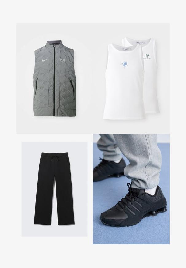 Gray Nike sleeveless vest with a front zipper, quilted texture, two side pockets, and a circular Paris logo on the left chest.; Two white tank tops, ribbed texture, featuring blue and green embroidered logos. One has a sun design, the other a palm tree.; Black wide-leg sweatpants made from a soft fabric. Features an elastic waistband with a drawstring and side pockets. Smooth texture.; Person wearing black Nike Shox sneakers and gray sweatpants standing on light blue carpet.