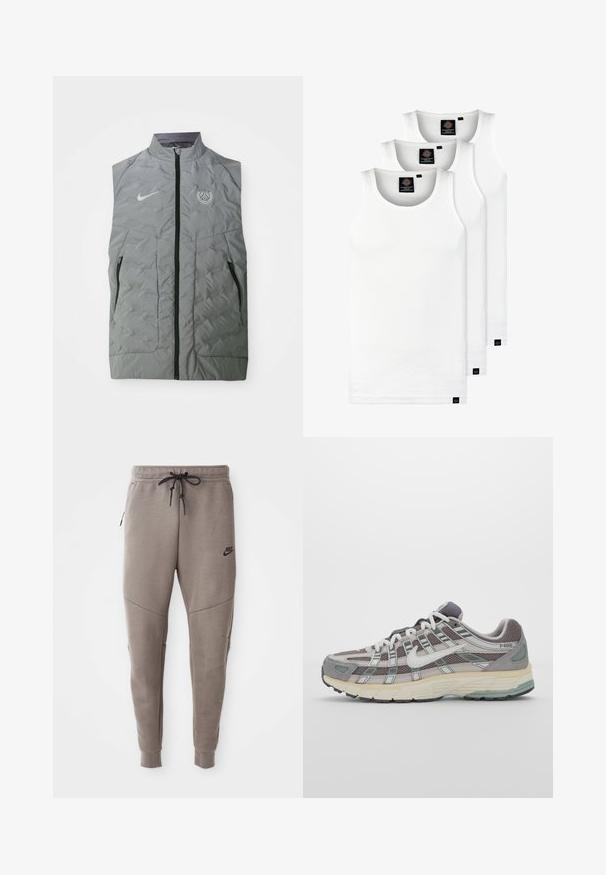Sivá bezrukávová bunda Nike s predným zipsom, prešívanou textúrou, dvoma bočnými vreckami a okrúhlym logom Paríža na ľavej hrudi.; Tri bele rebraste majice brez rokavov iz bombaža. Imajo okroglo izreza in majhne črne etikete blizu roba. Na voljo v več velikostih.; Sive Nike trenirke z vrvico v pasu, pripete noge, stranske žepke in izrazitim šivom. Mehka, teksturirana tkanina.; Sive športne čevlje z zgornjim delom iz mrežastega in semiš materiala, belimi akcenti, oblazinjenim podplatom ter edinstvenim dizajnom z odsevnimi elementi.