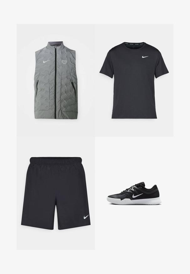 Gilet senza maniche Nike grigio con zip frontale, texture trapuntata, due tasche laterali e un logo circolare di Parigi sul petto sinistro.; Maglietta da corsa Nike nera realizzata in materiale leggero e traspirante, con maniche corte e un piccolo logo bianco sul petto.; Shorts sportivi neri realizzati in materiale leggero con vita elastica. Presentano un piccolo logo Nike bianco sul lato sinistro in basso.; Scarpa sportiva nera con tomaia testurizzata, logo Nike swoosh bianco e suola in gomma bianca. Presenta un design con lacci e una forma dinamica.