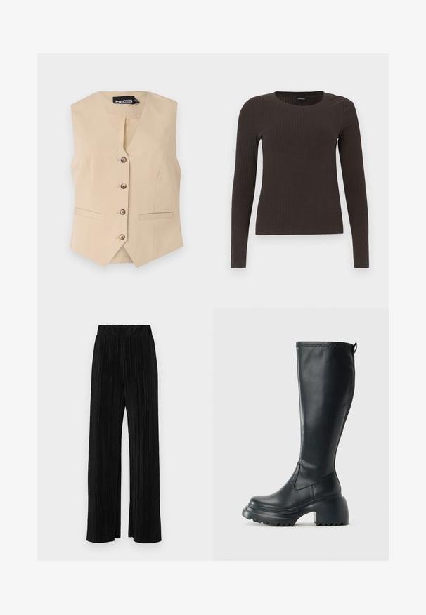 Bežs bezpiedurkņu žakets ar V veida kakla izgriezumu, pieciem brūniem pogām un divām frontālām kabatām. Gluda auduma materiāls ar pielāgotu piegriezumu un asu siluetu.; Brūns, garām piedurknēm ribots tops ar apaļu kakla izgriezumu. Izgatavots no gludas, elastīgas materiāla, ar pieguļošu siluetu un minimālu apdari.; Melni plīšu bikses ar elastīgu jostu. Tām ir platākas kājas un gluda, teksturēta auduma ar vertikālām svītrām.; Augstas melnas ādas zābakus ar masīvu platformu un bloka papēdi, ar vilkšanas cilpu un strukturētu profilu uz ārējā zoles.