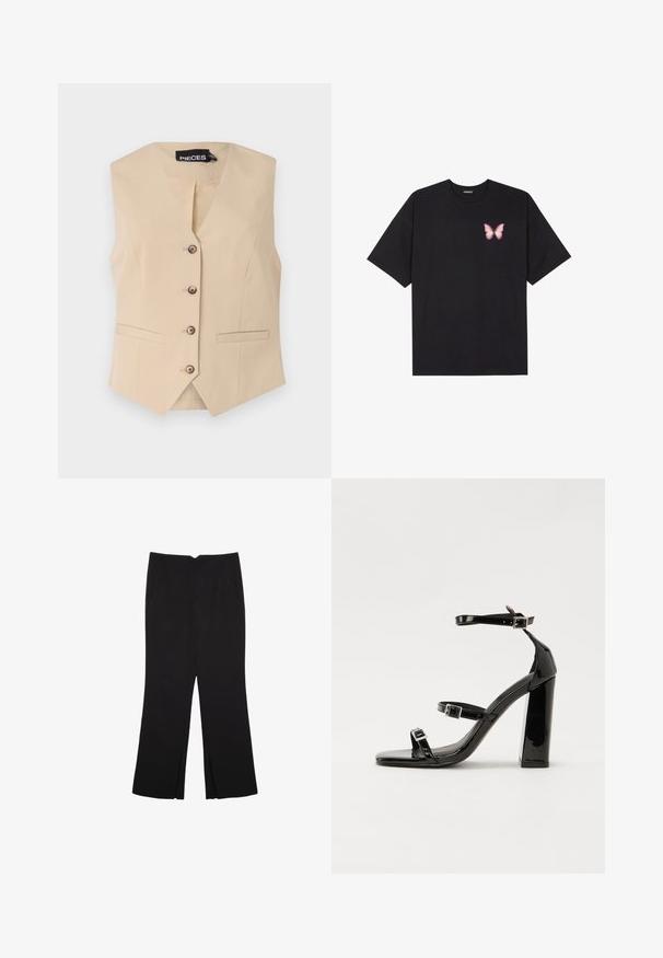 Bež brezrokavnik z V-izrezom, petimi rjavimi gumbi in dvema sprednjima žepoma. Gladko blago z natančno prileganjem in ostrim silhueto.; Črna bombažna majica s kratkimi rokavi, ki ima majhen roza metuljček na levi strani prsnega dela. Majica s krožnim ovratnikom in sproščenim krojem.; Črne hlače ravnega kroja z naglavnimi žepi in stranskimi razporki na robu. Narejene iz mehke, gladke tkanine. Primerne za različne priložnosti.; Črne lakaste sandale z visokimi petami, z dvema trakovoma z zaponkama, kvadratnim sprednjim delom in masivno širšo peto, z gladko, sijočo teksturo.