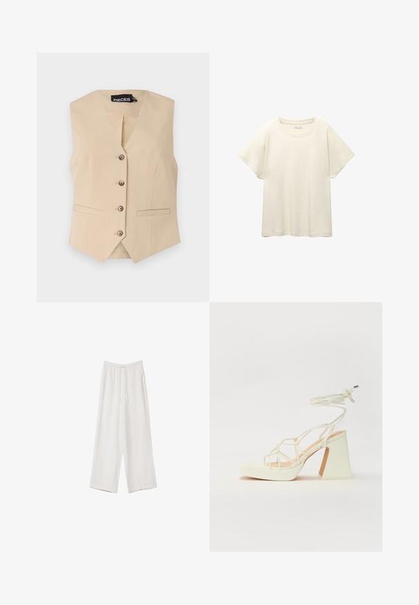 Bež prsluk bez rukava s V-izrezom, pet smeškastih dugmadi i dva prednja džepa. Glatka tkanina s krojem koji se savršeno prilagođava i oštrom siluetom.; Svijetlo bež majica kratkih rukava s okruglim izrezom, izrađena od meke, glatke tkanine. Karakterizira je opušteni kroj i ravni rub.; Bijele hlače širokih nogavica napravljene od lagane tkanine. Imaju elastičan pojas s ušicom i bočne džepove. Glatka tekstura.; Bijela sandala na visokoj potpetici s debelim petom, s remenom i vezanjem oko gležnja. Glatka tekstura s platformom sprijeda za dodatnu visinu.