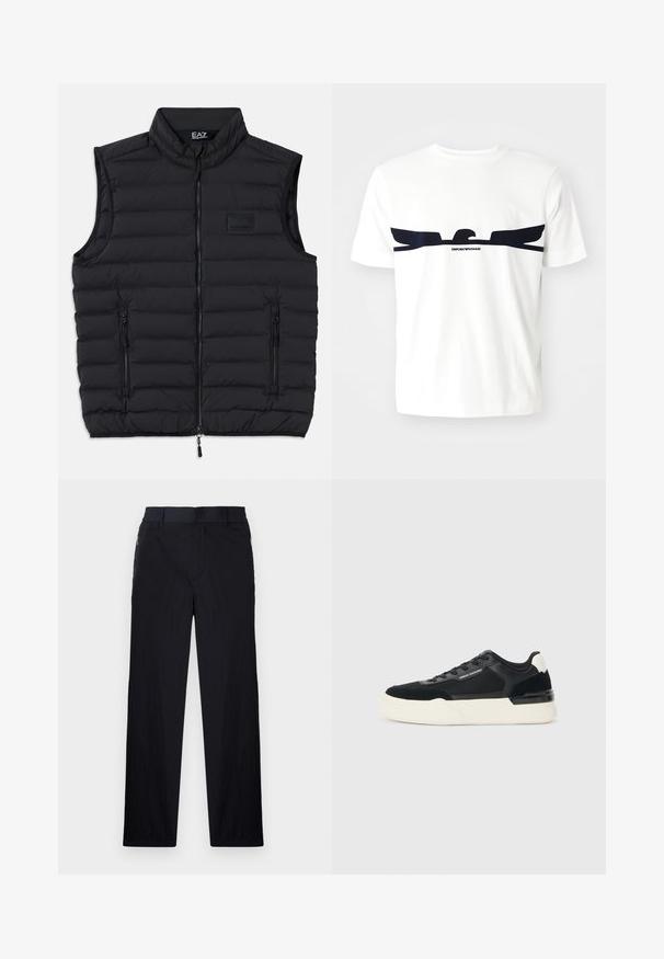 Colete acolchoado preto com gola alta, fecho frontal e dois bolsos laterais com zíper. Feito de material leve e acolchoado.; T-shirt de algodão branco com um gráfico de uma águia em azul-marinho e o texto "EMPORIO ARMANI" abaixo do design. Mangas curtas e gola redonda.; Calças pretas com um tecido leve e texturizado, design de pernas retas, cintura elástica e bolsos laterais com fecho.; Sapata preta feita de malha e couro, apresentando uma sola branca grossa e detalhes contrastantes. Cadarços e detalhe do logótipo na lateral.