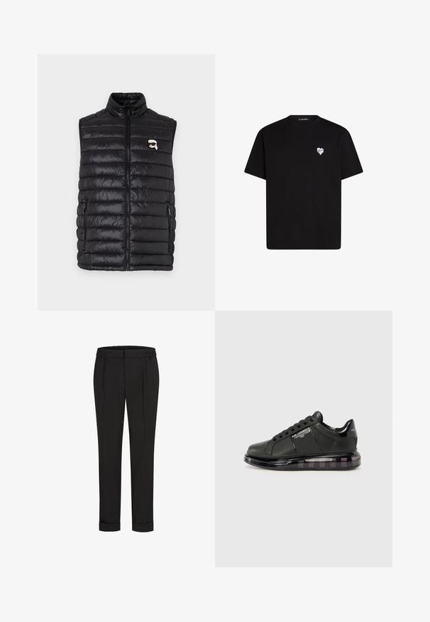 Melna polsterēta veste ar augstu apkakli, priekšējo rāvējslēdzēju, divām sānu kabatām un mazu logotipu uz krūšu daļas. Gluda, viegla auduma struktūra.; Melna kokvilnas t-krekls ar īsām piedurknēm, apaļu kakla izgriezumu un nelielu baltu sirds grafiku kreisajā krūšu daļā.; Melni bikses ar elastīgu jostu, ar taisna piegriezuma dizainu un sarullētām piedurknēm. Izgatavotas no gluda, auduma bez rakstiem.; Melnas sporta kurpes ar gludu ādas virsu, noapaļotu purngalu un saistīšanas dizainu. Iezīmē skaidru, mīkstu zoli ar tumšu gradientu.