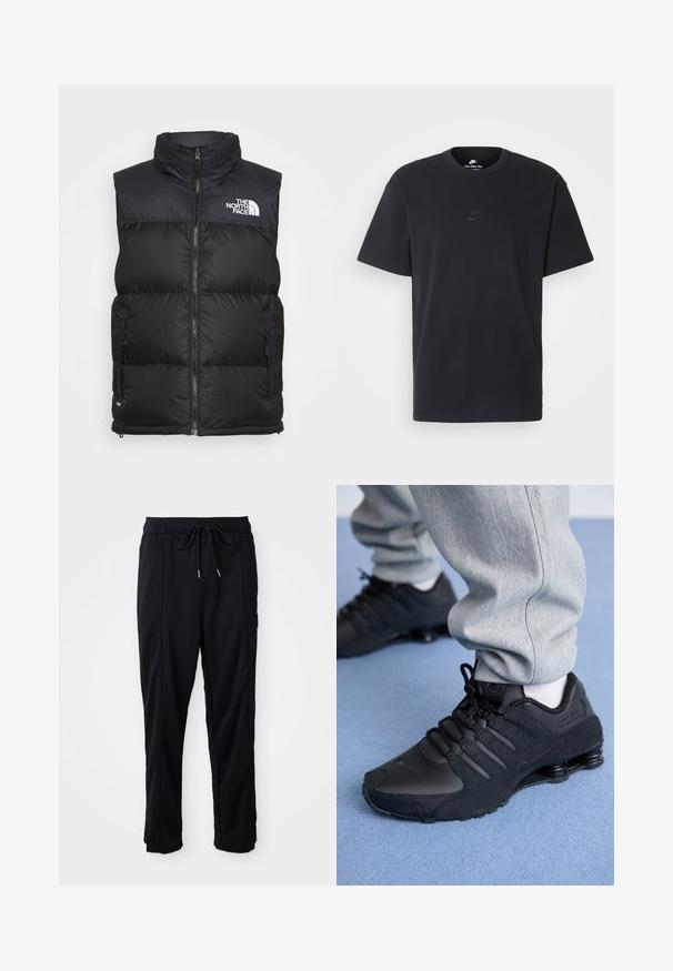 Svart vadderad väst med hög krage, dragkedjestängning och sidofickor. Har The North Faces vita logotyp på bröstet.; Svart t-shirt i bomull från Nike med klassisk rund halsringning, korta ärmar och en diskret, präglad logotyp på bröstet. Slät textur.; Svarta byxor med dragsko i midjan, avslappnad stil, med sidfickor och rak benklippning på en plain bakgrund.; Person som bär svarta Nike Shox-sneakers och grå träningsbyxor stående på en ljusblå matta.