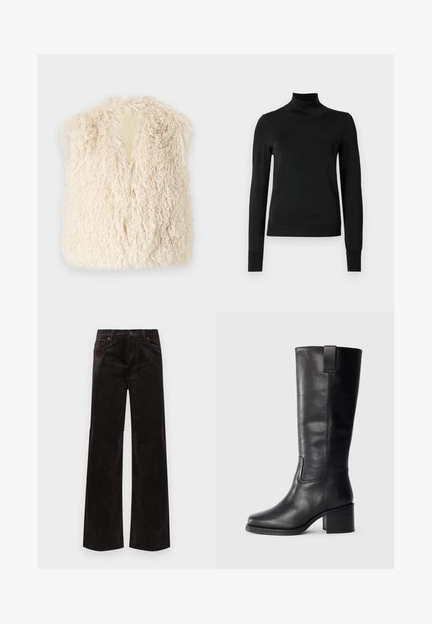 Svetlo bež lažni krzneni prsluk s puhastom teksturom, otvorenim prednjim dijelom i bez rukava. Ima mekan, nestrukturiran dizajn prikladan za slojevito oblačenje.; Črni pulover s dolgimi rokavi in vratnikom, z rebrastimi манжетами in robom, prikazan na enobarvni beli podlagi.; Črne široke hlače iz kordurovega blaga z visokim pasom, z dvema sprednjima žepoma in zapiranjem na gumb. Gladek otip z navpičnimi žlebovi.; Črne usnjene škornje do kolen z gladko teksturo, kvadratnim nosom, blok peto in stranskimi zankami za obuvanje, ki vsebujejo minimalne šive.
