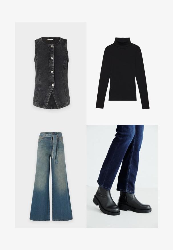 Svart denimvest med rund hals, frontlukking med knapper og en tettsittende design. Har en lett buet nederkant og synlige sømdetaljer.; Svart høyhalset langermet topp, laget av ribbestrikket stoff, har en tettsittende design med høy hals og uten mønstre eller dekorasjoner.; Bredde ben jeans med en lyseblå til mørkeblå gradient, høyt liv, beltehemper og et matchende belte i samme stoff. Teksturert denimoverflate.; Sorte lær ankelsko med en kraftig såle og elastiske paneler på siden, kombinert med mørkeblå jeans. Underlaget er lyst.