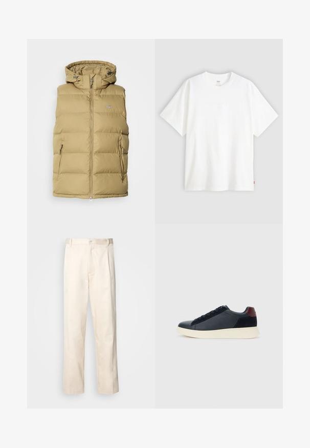 Gilet imbottito beige con cappuccio, caratterizzato da una chiusura con zip, tasche laterali e cuciture orizzontali per l'isolamento. Tessuto liscio in tutto.; T-shirt bianco a maniche corte in cotone con collo rotondo. Presenta un discreto dettaglio logo in rilievo sulla parte frontale e un'etichetta rossa sull'orlo.; Pantaloni in cotone beige con taglio dritto, dotati di chiusura a bottone e pence sul davanti per un tocco di dettaglio in più.; Sneaker da uomo a basso profilo in pelle nera e suede con linguetta sul tallone color bordeaux e suola in gomma bianca, vista dal lato esterno.