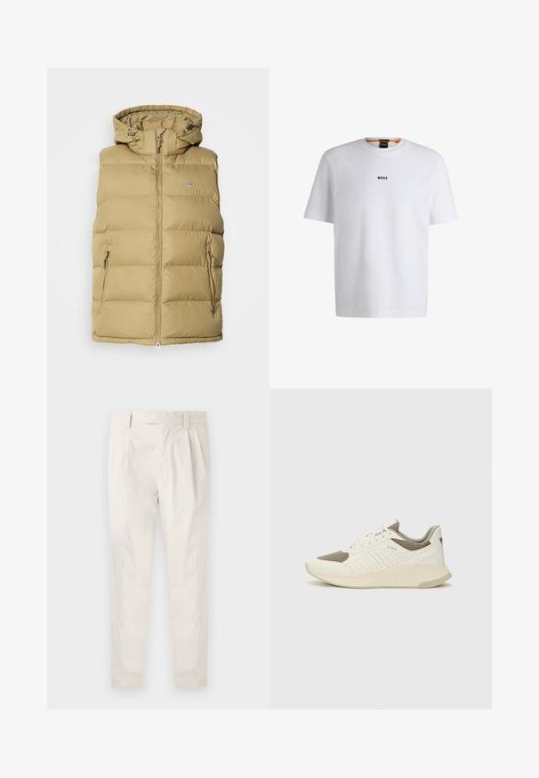 Gilet imbottito beige con cappuccio, caratterizzato da una chiusura con zip, tasche laterali e cuciture orizzontali per l'isolamento. Tessuto liscio in tutto.; T-shirt bianco in cotone con maniche corte, caratterizzato da un logo nero "BOSS" centrato sul petto e un design con scollo rotondo.; Pantaloni bianchi plissettati con taglio su misura, caratterizzati da una texture liscia, passanti per la cintura e gambe affusolate. Nessuna tasca o motivo visibile.; Sneaker atletica bianca e beige chiaro, con tomaia in mesh, dettagli perforati e una suola intermedia texturizzata con marchio sul tallone.