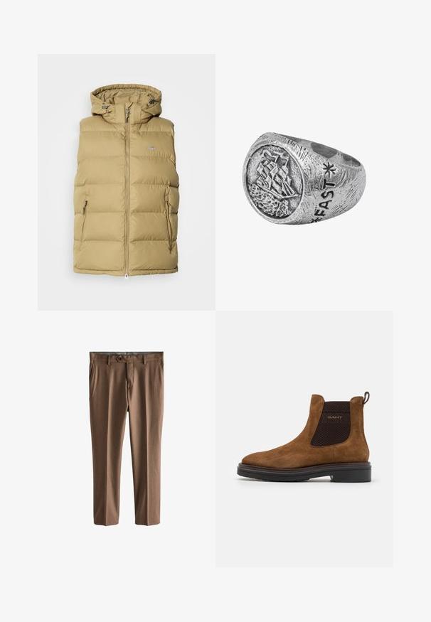 Beige puffer vest met een capuchon, voorzien van een ritssluiting, zijzakken en horizontale stiksel voor isolatie. Glad oppervlak overal.; Crème katoenen T-shirt met korte mouwen, ronde hals en een borstzak met een subtiel logo. Soepele textuur en een ontspannen pasvorm.; Bruine, op maat gemaakte broeken van gestructureerde stof. Voorzien van een enkele knoopsluiting, twee voorkennis en een rechte pasvorm.; Bruine suède enkelboot met een ronde neus en elastische zijkanten. Bevat een zwart gestructureerd accent en een trekband aan de achterkant. Zwarte zool.; Zilveren ring met een schipmotief op een ronde schijf, voorzien van textuurdetails en gegraveerd met "FAST" aan de zijkant, met een robuust ontwerp.
