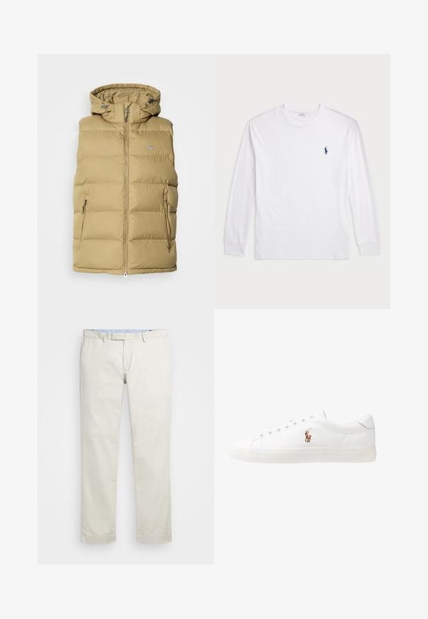 Gilet imbottito beige con cappuccio, caratterizzato da una chiusura con zip, tasche laterali e cuciture orizzontali per l'isolamento. Tessuto liscio in tutto.; T-shirt bianco a maniche lunghe realizzato in cotone. Presenta un collo rotondo, polsini a coste e un piccolo logo in blu navy del polo sul lato sinistro del petto.; Chino in cotone beige con fronte piatto, passanti per la cintura e tasche laterali. Design a gamba dritta con una texture liscia e una sensazione leggera e traspirante.; Sneakers in pelle bianca, design low-top, caratterizzati da una texture liscia, punta rotonda, chiusura con lacci e un piccolo logo ricamato sul lato.