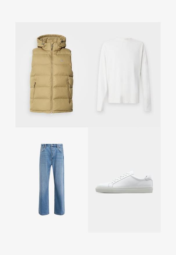 Beige Puffer-Weste mit Kapuze, mit Reißverschluss, seitlichen Taschen und horizontaler Steppung zur Isolierung. Glatte Textur über die gesamte Fläche.; Langärmliges weißes Baumwollhemd mit rundem Ausschnitt, seitlichen Schlitzen am unteren Rand und glatter Textur, von hinten präsentiert.; Helle blaue Jeans im Geradeschnitt-Design, mit fünf Taschen, Knopfverschluss, minimaler Ausbleichung und kontrastierenden Nähdetails.; Weißer Sneaker mit glattem Lederobermaterial und niedrigem Profil. Verfügt über eine runde Zehenpartie, sechs Ösen und eine strukturierte Gummisohle.