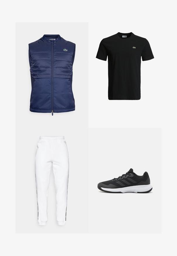 Colete puffer sem mangas em azul-marinho com fecho de correr, painéis frontais texturizados, tecido liso nas laterais e um pequeno logotipo verde no canto superior esquerdo do peito.; T-shirt de algodão preto com decote redondo, mangas curtas e um pequeno logotipo de crocodilo verde no lado esquerdo do peito. Textura suave, design casual.; Calças de treino brancas com cintura elástica, apresentando riscas pretas nas laterais e punhos. Feitas de um tecido suave com uma textura lisa.; Sapatilha atlética preta com um upper texturizado, três riscas horizontais e uma sola branca com um padrão de piso. Design leve e aerodinâmico.