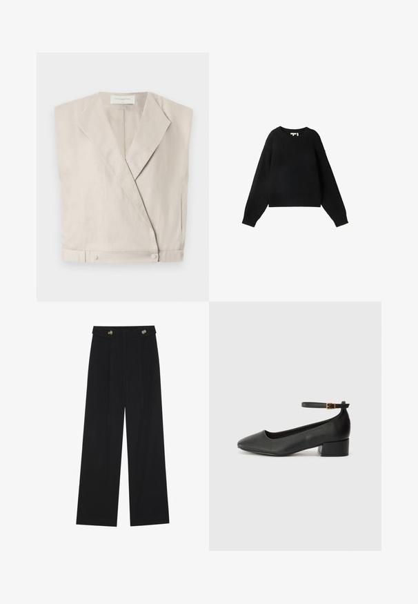 Svijetlosmeđi laneni omotani top s ovratnikom, produženim rukavima i kopčama s tipkom na rubu za strukturirani oblik.; Crni pleteni pulover s okruglim izrezom, dugim rukavima i rebrastom teksturom. Skraćeni dizajn i opušteni kroj.; Crne hlače širokih nogavica s visokim strukom, s dugmadi na pojasu i prednjim nabora.; Crne kožne pumpe s oštrim vrhom i niskom blok petom. Sadrže remen oko gležnja s zlatnim kopčanjem. Glatka tekstura.