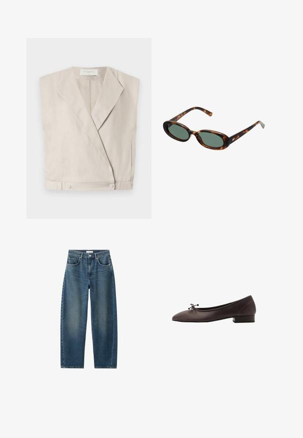 Světle béžový lněný wrap top s límečkem, prodlouženými rukávy a druky na spodním lemu pro strukturovaný střih.; Bílé šaty bez rukávů s kulatým výstřihem a asymetrickým lemem, který na jedné straně splývá do špičky.; Tmavě modré džíny s rovnými nohavicemi, designem pěti kapes a klasickým knoflíkovým zapínáním. Měkká textura s jemným vyblednutím.; Hnědé kožené baletky s kulatou špičkou a malým blokovým podpatkem. Mají tenkou mašličku vpředu a decentní švy.; Sluneční brýle ve hmotě želvoviny s oválnými obroučkami a zelenými čočkami. Mají tenké stranice s metalickým akcentem u závěsů.
