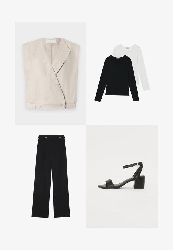 Top envolvente de lino color beige claro con cuello, mangas alargadas y cierres de presión en el dobladillo para un ajuste estructurado.; Dos camisetas de manga larga, una negra y otra blanca, ambas con escote cuadrado y confeccionadas en un tejido suave y elástico.; Pantalones de pierna ancha negros con cintura alta, detalles de botones en la cinturilla y pliegues en la parte delantera.; Sandalia de tacón negro con parte superior de cuero suave, punta abierta, tiras frontales anchas y correa ajustable en el tobillo con detalle de hebilla dorada.