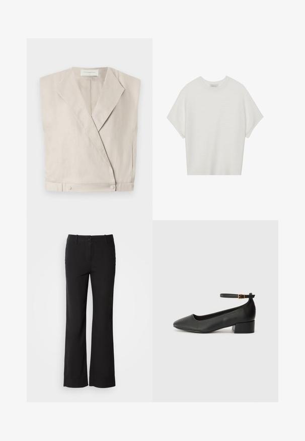 Svetlo bež lanena obleka z ovratnikom, podaljšanimi rokavi in pritisnimi gumbi na robu za strukturiran kroj.; Bela majica s kratkimi rokavi in širokim ovratnikom ter teksturiranim rebrastim vzorcem, izdelana iz mehke tkanine, z udobnim krojem in čistim dizajnom.; Črne hlače iz bombažne mešanice s ravnim krojem, sprednim gumbom in dvema stranskima žepoma. Gladek teksturiran material, brez vidnih vzorcev.; Črne usnjene pumpice z nazobčanimi prsti in nizko blokasto peto. Imajo trak okoli gležnja z zaponko v zlatem tonu. Gladka tekstura.
