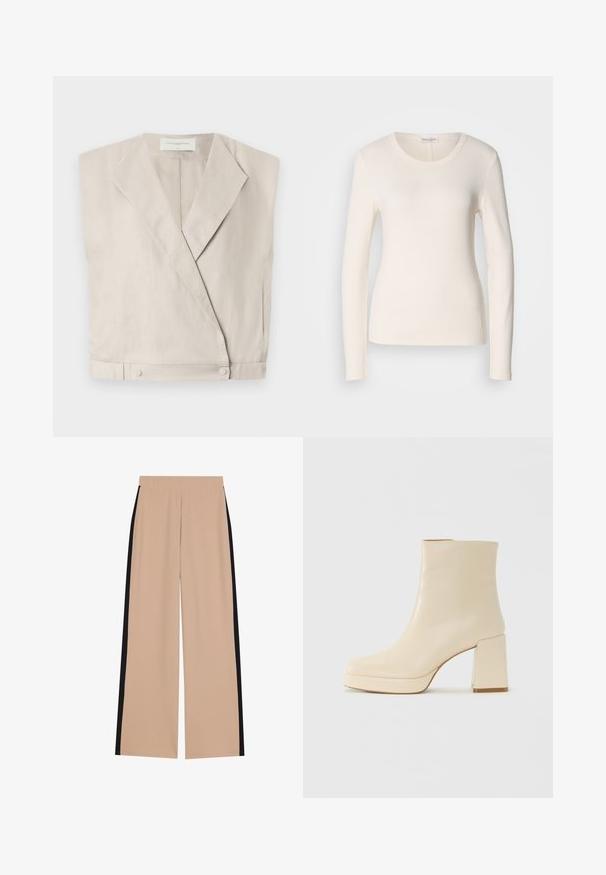 Leicht beiges Leinen-Wickeloberteil mit Kragen, verlängerten Ärmeln und Druckknopfverschlüssen am Saum für eine strukturierte Passform.; Langarm-T-Shirt aus cremefarbener Baumwolle mit Rundhalsausschnitt, taillierter Passform und einem kleinen Logo-Detail nahe dem Saum. Glatte Textur.; Beige weite Hosen mit glatter Textur, die schwarze Seitenstreifen haben. Der Bund ist elastisch für mehr Komfort und einfaches Anziehen.; Beige Leder-Stiefelette mit Blockabsatz und Plateau-Sohle, glatte Oberfläche und leicht quadratische Zehenpartie, nach links auf weißem Hintergrund.