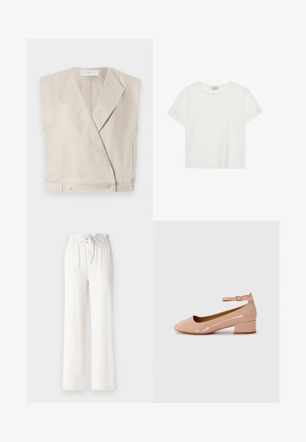 Svijetlosmeđi laneni omotani top s ovratnikom, produženim rukavima i kopčama s tipkom na rubu za strukturirani oblik.; Bijela kratkodlaka majica od mekog pamuka. Ima okrugli izrez i opušteni kroj. Čist dizajn bez vidljivih uzoraka ili akcenata.; Bijele hlače širokih nogavica napravljene od mekog materijala, s elastičnim pojasom i glatkom teksturom. Nema vidljivih uzoraka ili ukrasa.; Patent kožne ružičaste balerinke s okruglim prstom, trakom oko gležnja i niskom blok petom. Glatka tekstura i minimalistički dizajn.