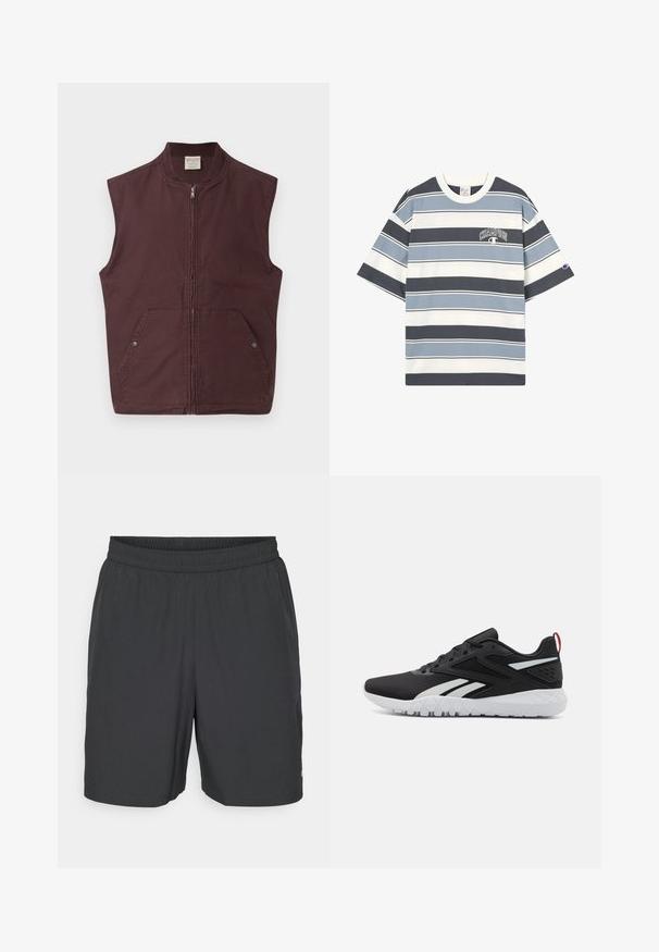 Ärmelsesteckweste in Dunkelbraun mit Reißverschluss, geripptem Kragen und zwei vorderen Taschen, die mit Druckknöpfen gesichert sind, vor weißem Hintergrund präsentiert.; Kurzarmpullover mit Rundhalsausschnitt in horizontalen grauen, blauen und weißen Streifen, mit "Champion"-Logo auf der Brust und dem Ärmel.; Champion TRAINING SHORTS - Kurze Sporthose - black; Schwarze Sportschuhe mit einem oberen Teil aus Mesh, weißen Akzenten, einer strukturierten Sohle und einer roten Fersenschlaufe für zusätzliche Details.