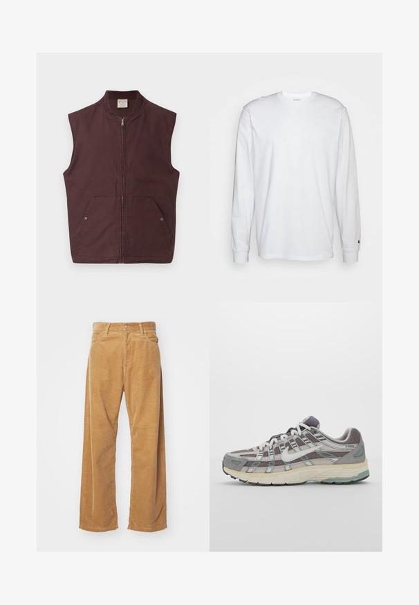 Chaleco sin mangas de color marrón oscuro con cremallera, cuello acanalado y dos bolsillos frontales asegurados con botones a presión, mostrado sobre un fondo blanco.; Camiseta blanca de manga larga hecha de algodón. Diseño de cuello redondo con puños acanalados y un pequeño logo en la manga izquierda. Textura suave.; Pantalones de pana de pierna ancha en color marrón claro. Presentan costillas verticales texturizadas, con una cinturilla estándar y dos bolsillos frontales.; Zapatilla deportiva gris con parte superior de malla y ante, acentos blancos, suela acolchada y un diseño distintivo con elementos reflectantes.
