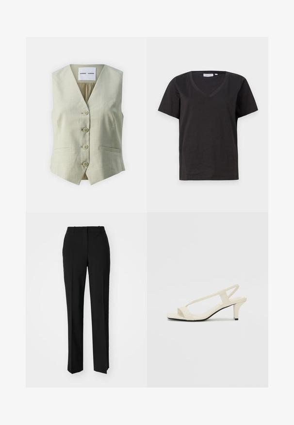 Svetlosivá bezrukávová vesta s výstrihom do V, piatimi gombíkovými zapínaniami a dvoma prednými vreckami. Vyrobená z hladkej tkaniny s jemnou textúrou.; Čierne bavlnené tričko s výstrihom do V a krátkymi rukávmi. Jednoduchý dizajn s bežným strihom a bez vzorov alebo akcentov.; Čierne krajčírské nohavice so strihom rovného nohu, s hladkou textúrou a ostrými skladmi pozdĺž prednej časti. Žiadne viditeľné hardvér.; Béžové sandále na blokovom podpätku s tenkými pásikmi a štvorcovou špičkou. Hladký materiál s minimálnym detailovaním, navrhnuté pre ľahké nosenie.