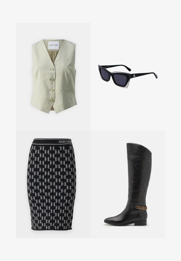 Gaiši pelēks bez piedurknēm ar V veida kakla izgriezumu, pieci pogu aizdari un divas priekšējās kabatas. Izgatavots no gludas auduma ar vieglu tekstūru.; Balta bezpiedurkņu topiņš no ribotā auduma, ar noapaļotu kakla izgriezumu un pieguļošu siluetu, ar minimālām šuvēm un bez rotājumiem.; Melnā adīto zīmuļu svārku, kas rotāta ar atkārtotu pelēku "KL" logotipa motīvu un melnu jostu ar zīmola nosaukumu "KARL LAGERFELD".; Augstas melnas ādas zābaki ar plūstošu dizainu, pointētām purngalēm un zelta ķēdes akcentu ap potīti. Zems bloku papēdis. Gluda tekstūra.; Melni pārmēru saulesbrilles ar ģeometrisku formu, kas aprīkotas ar tumšiem stikliem un kontrastējošu pelēku akcentu uz rāmja. Logo uz kājas.; Sudraba riņķveida auskari ar gludu, spīdīgu apdari. Apaļas formas, viegla dizaina, ar aizdari uz stieples.