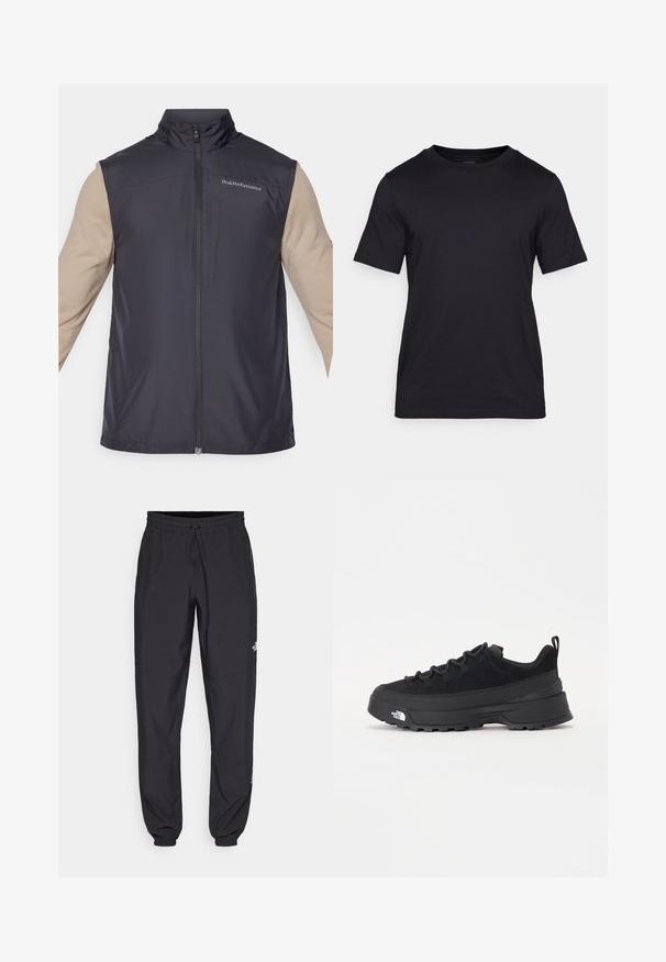 Schwarze ärmellose Weste mit hohem Kragen, Frontreißverschluss und kleinem Logo. Der Stoff wirkt glatt und leicht. Beige Langarmshirts sind darunter sichtbar.; Schwarzes T-Shirt aus glattem Stoff mit Rundhalsausschnitt und kurzen Ärmeln. Dezente Markenlogo-Druck in Schwarz auf der Brust.; Schwarze Sporthosen aus leichtem Stoff, mit einem Kordelzugbund, seitlichen Taschen und schmal zulaufenden Bündchen an den Knöcheln.; Schwarzer Outdoorsneaker mit einem Obermaterial aus Wildleder, strukturierter Gummisohle und robustem Schnürsystem. Verfügt über eine verstärkte Ferse und das Markenlogo an der Seite.