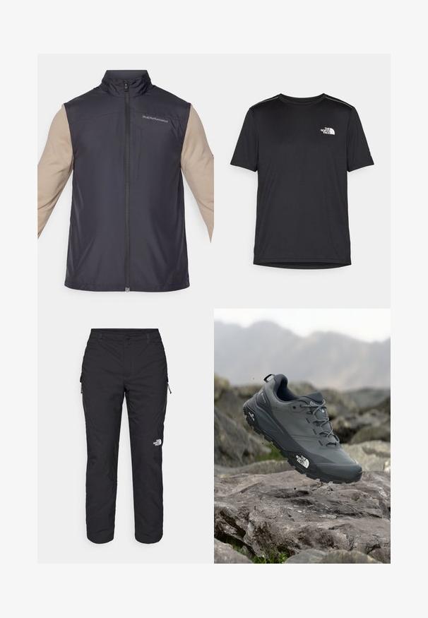 Crna bezrukavna majica s visokim ovratnikom, prednjim zatvaračem i malim logotipom. Tkanina izgleda glatko i lagano. Bež duge rukave su vidljive ispod.; Crna majica kratkih rukava izrađena od lagane tkanine. Ima mali bijeli logo na lijevoj strani grudi i suptilne naglaske na ramenima.; The North Face WINTER EXPLORATION TAPERED CARGO - Hlače za otvoreno - black; Sive trail trkačka cipela s teksturiranim gornjim dijelom, izdržljivom gumenom potplatom i ojačanim vrhom. Ima vezice i logotip branda sa strane.