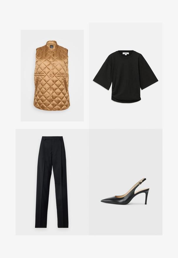 Colete acolchoado sem mangas em tecido acolchoado dourado-escuro com colarinho alto, fecho de pressão e bolsos laterais. Textura suave e brilhante.; Camiseta preta de manga curta feita de algodão macio, com decote redondo e um corte descontraído, apresentando um detalhe ligeiramente franzido na lateral.; Calças pretas feitas de um tecido suave, com uma cintura alta, pernas largas, pregas frontais e passadores de cinto clássicos. Não há bolsos laterais visíveis.; Saltos altos slingback em couro preto, com bico fino, tira ajustável e um elegante salto stiletto, apresentando um acabamento suave.